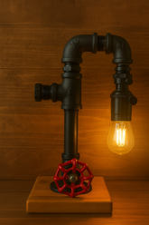 Handcrafted industrial steampunk pipe lamp with red valve wheel, made in Australia.