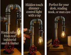 Desk top Pipe lamp handcrafted from steel and wood with a hidden dimmer