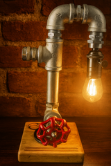 Handcrafted industrial steampunk pipe lamp with red valve wheel, made in Australia.