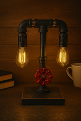 Handcrafted modern industrial pipe lamp with red valve wheel -  Brickyard Designz.