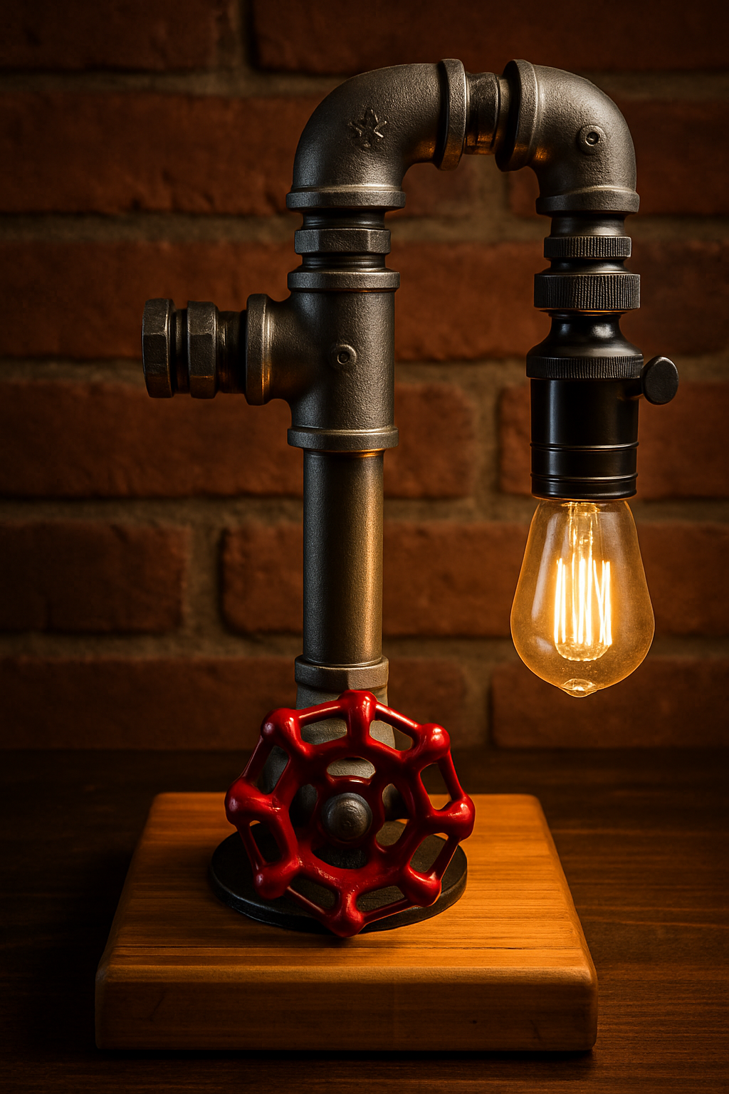 Handcrafted modern steampunk pipe lamp with hidden touch sensor, made in Australia