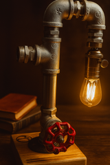 Handcrafted grey steampunk pipe lamp with swipe sensor and red valve accent.