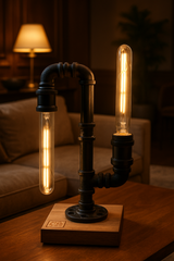 Table lamp featuring modern industrial design with dual LED long bulbs 