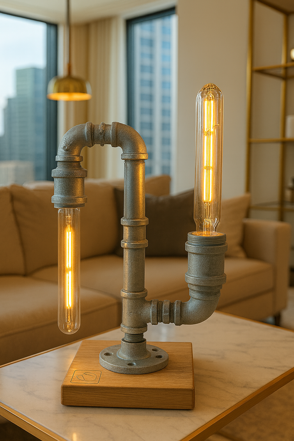 Industrial Pipe Lamp – Double Bulb Edison Style with Rustic Wood Base