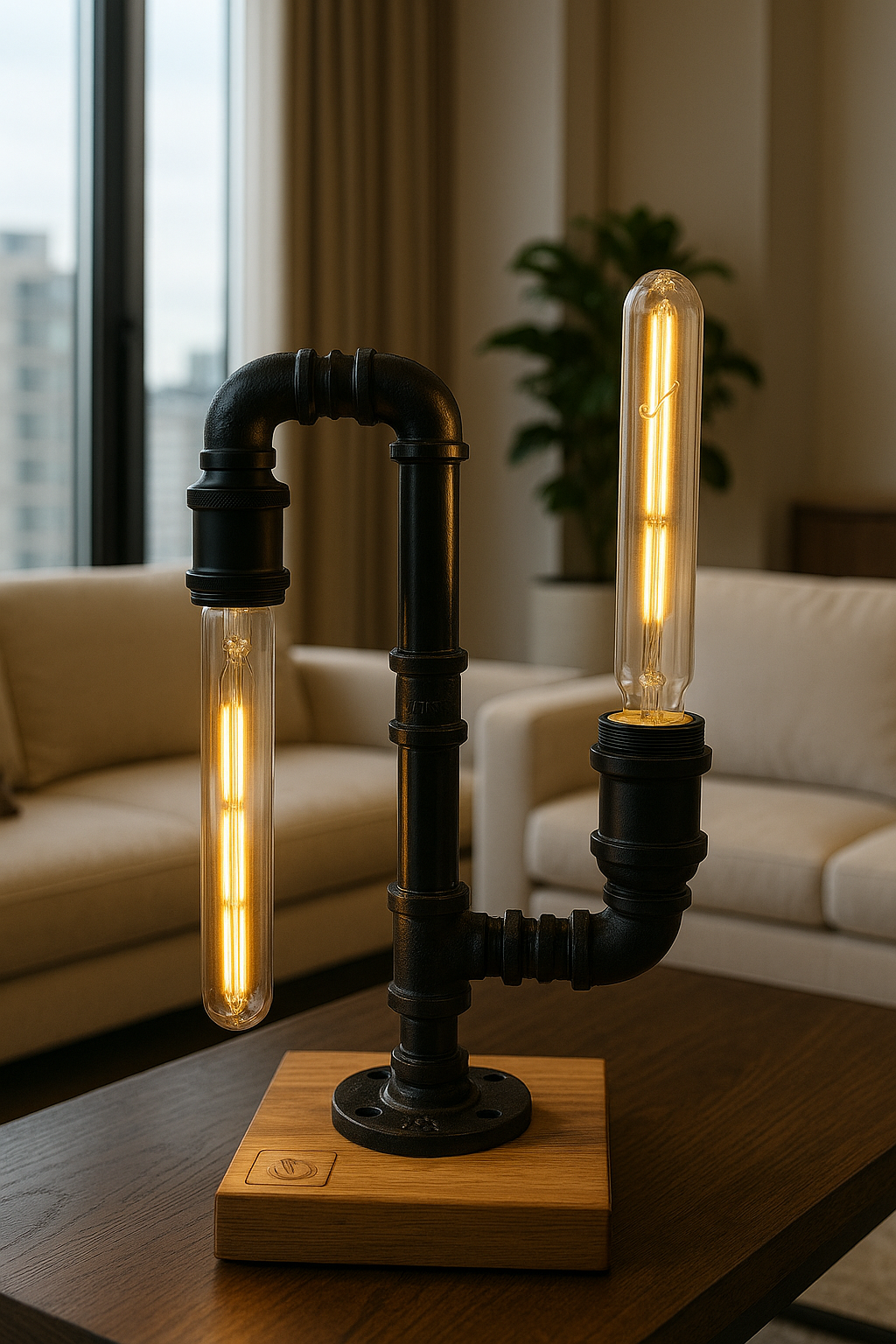 modern design industrial table lamp featuring dual LED long bulbs 