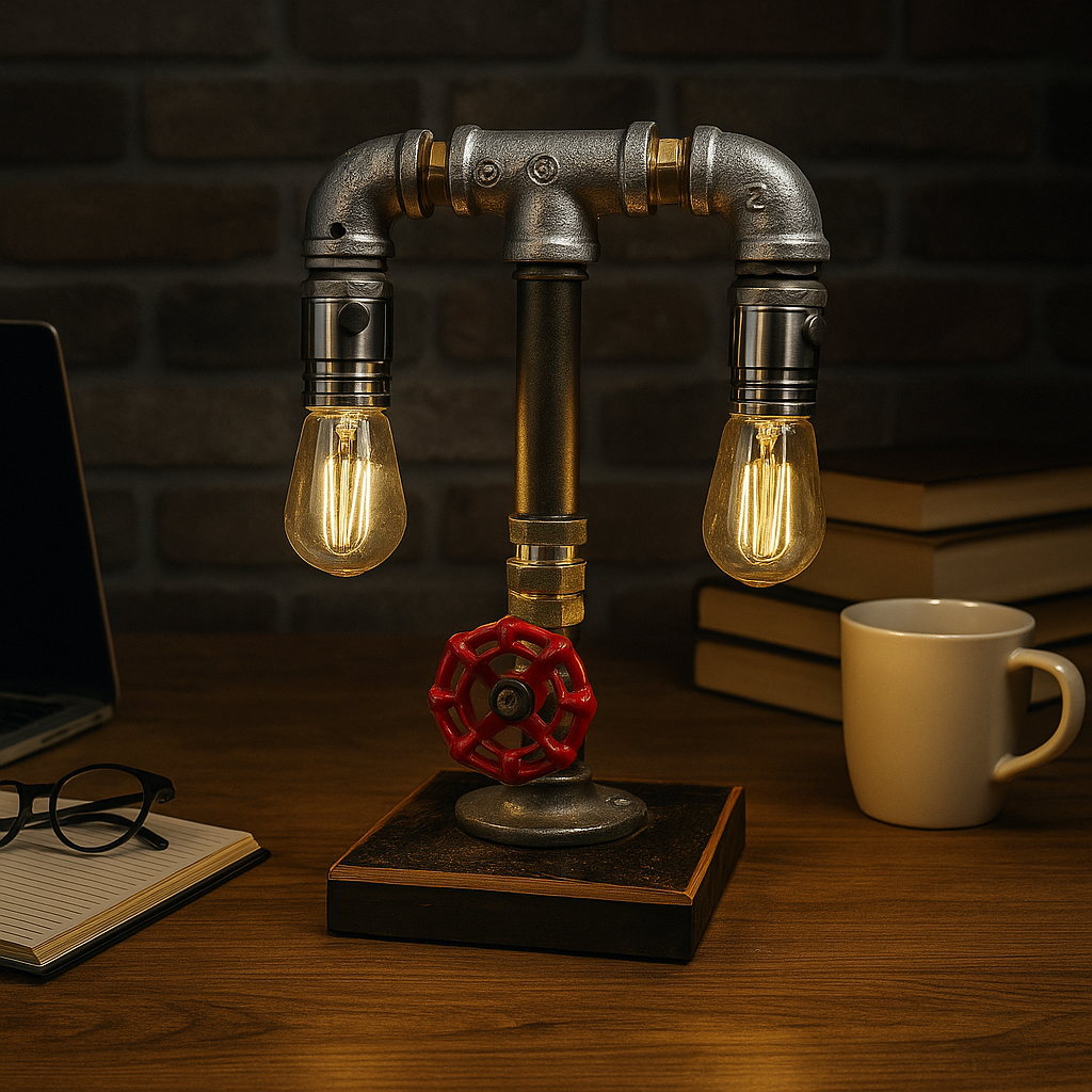 Handcrafted industrial steampunk pipe lamp with red valve wheel, made in Australia.
